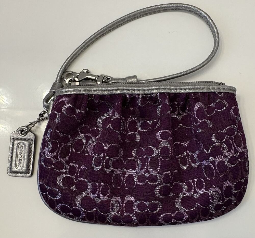 Coach Purple Lurex Opt Art Pleated Wristlet Shimmering Monogram Silver Leather
